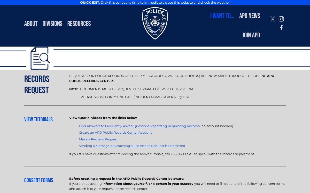 Anchorage Municipality APD records request page for booking reports
