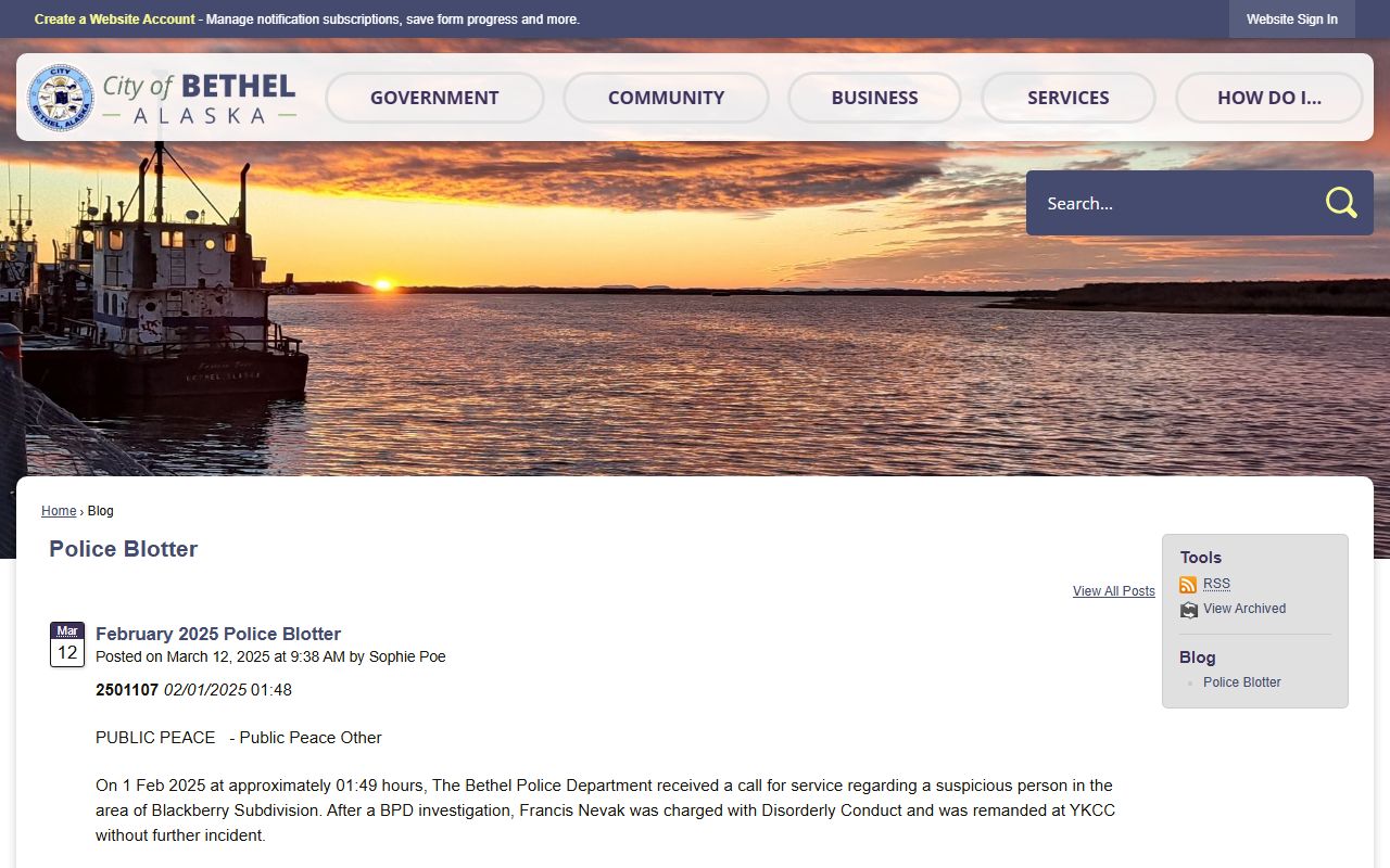 Bethel Census Area police blotter page for booking reports