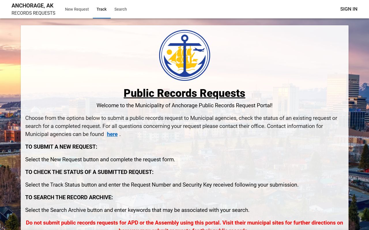 Anchorage Municipality JustFOIA records portal for booking reports