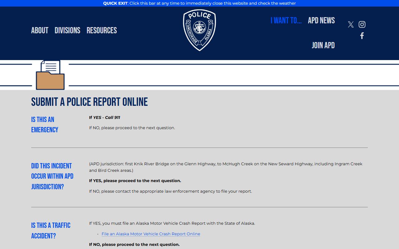 Anchorage Municipality APD online police report filing for booking reports