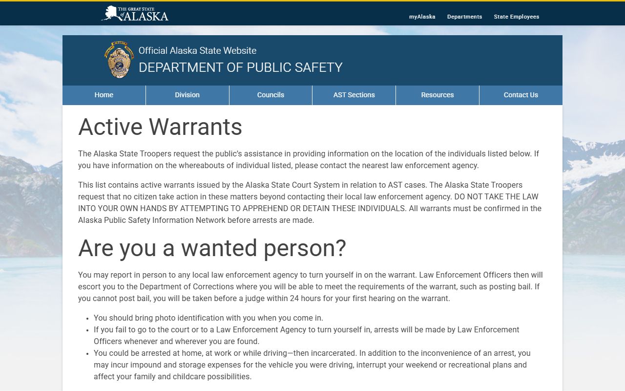 Alaska Active Warrants list page for booking reports