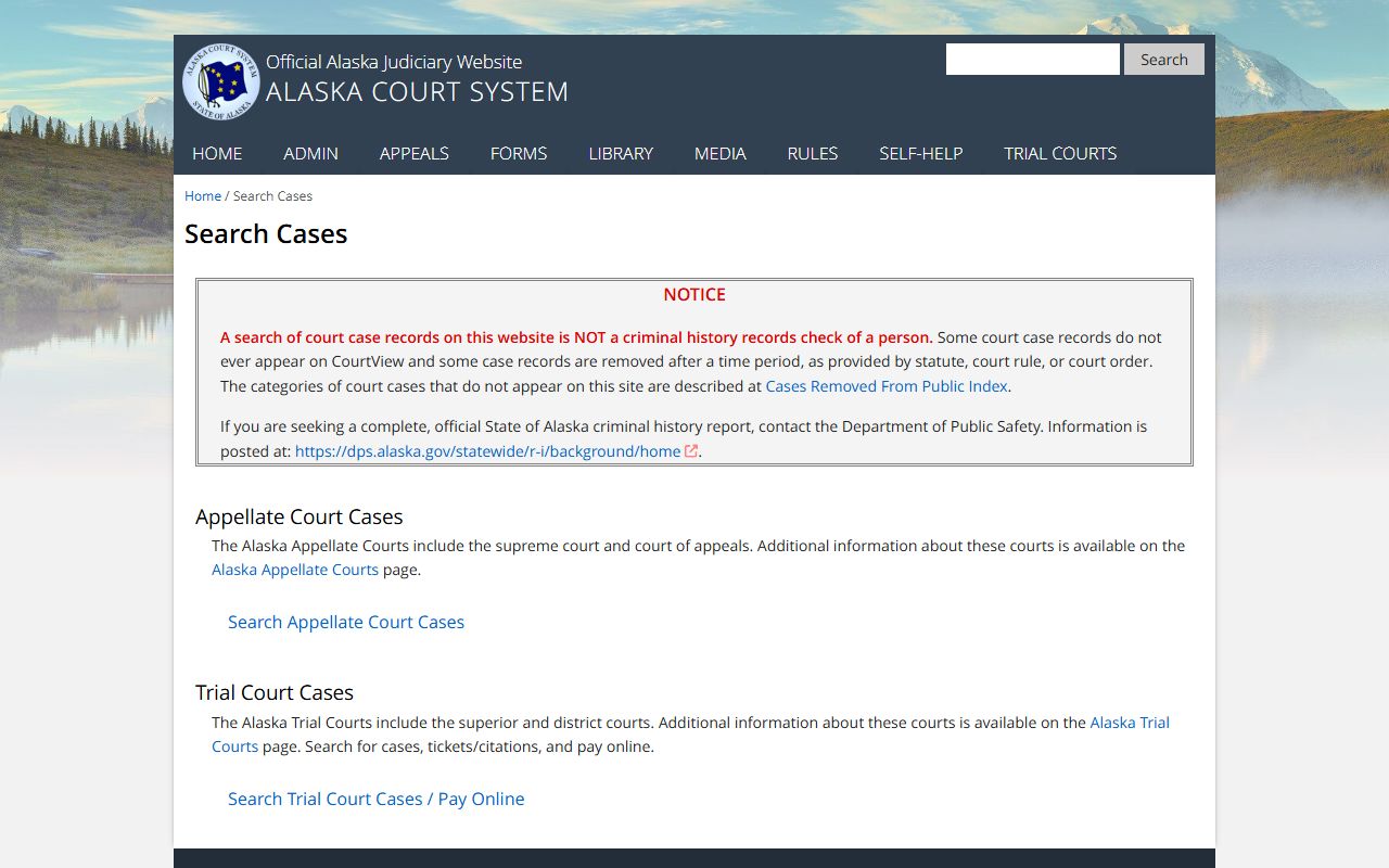 Alaska Court System case search for booking reports