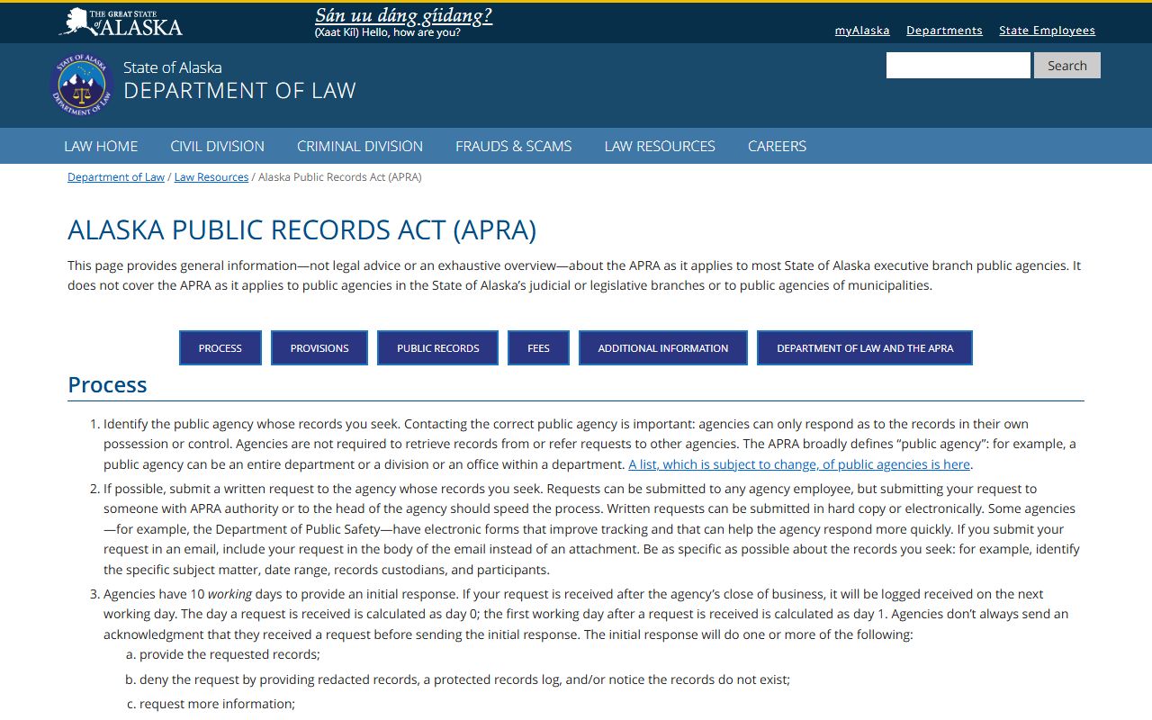 Alaska Public Records Act page for booking reports access