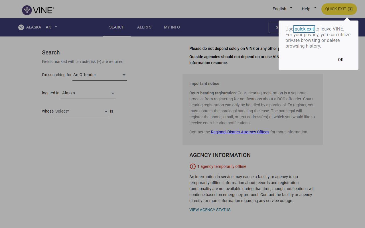 VINElink Alaska inmate search for booking reports